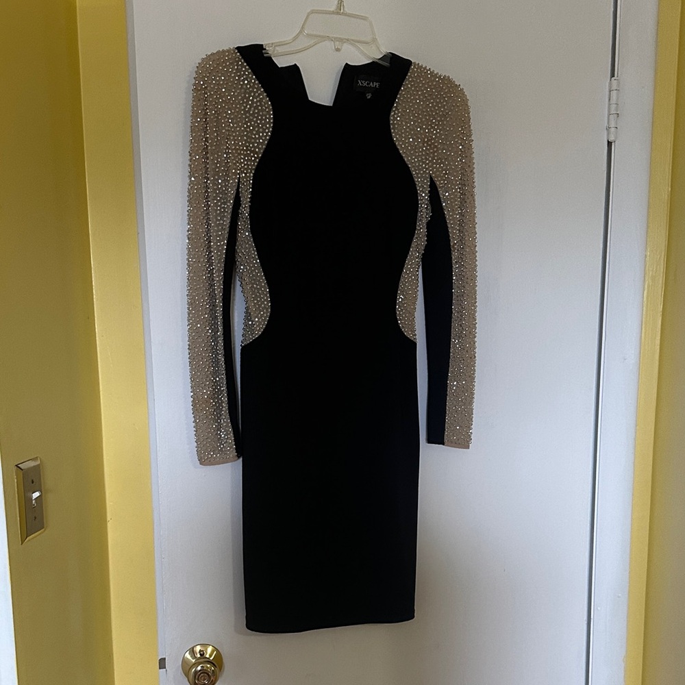 Xscape Black Dress with Gold Embellished Sleeves